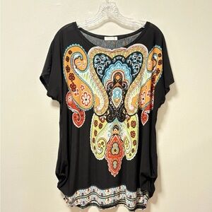 JULIA Silk Blend Bright Paisley Print Beaded Black Crew Neck Top Size XL boho